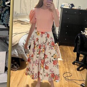 Puff sleeve pink floral dress with flounce skirt and tie belt